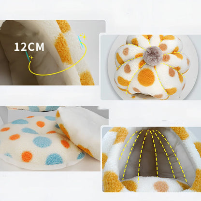 Yellow teddy velvet cat nest with 41cm diameter and raised sides for secure sleeping