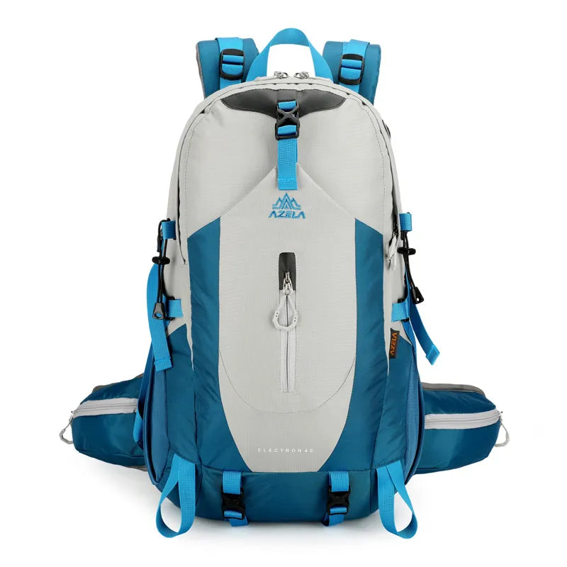 AZELA Electron 40L hiking backpack in white and navy with multiple compartments and adjustable straps