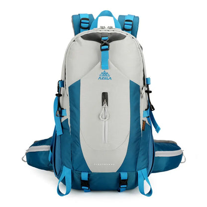 AZELA Electron 40L hiking backpack in white and navy with multiple compartments and adjustable straps