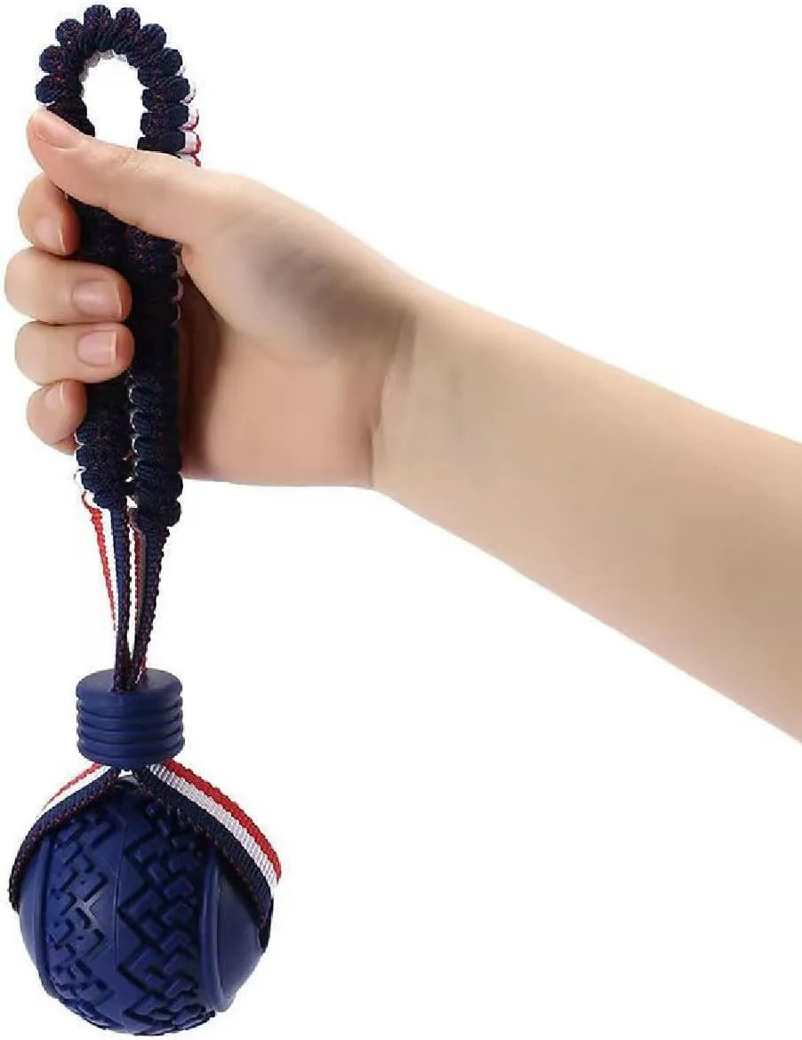 Blue dog ball with rope toy showing 6.5cm textured rubber ball attached to 29cm rope for dental cleaning and tug-of-war