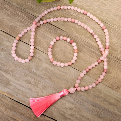 Stone bead yoga necklace and bracelet set with long fringe tassel pendant on adjustable ball chain