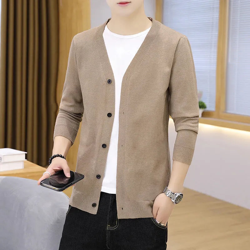 Men's thick slim fit cardigan knit jacket, long sleeve polyester, sizes M to 5XL, beige black navy blue