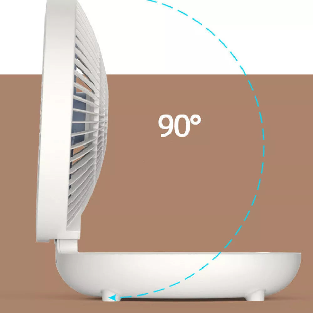 Compact folding wall-mounted fan in white or blue with USB power option