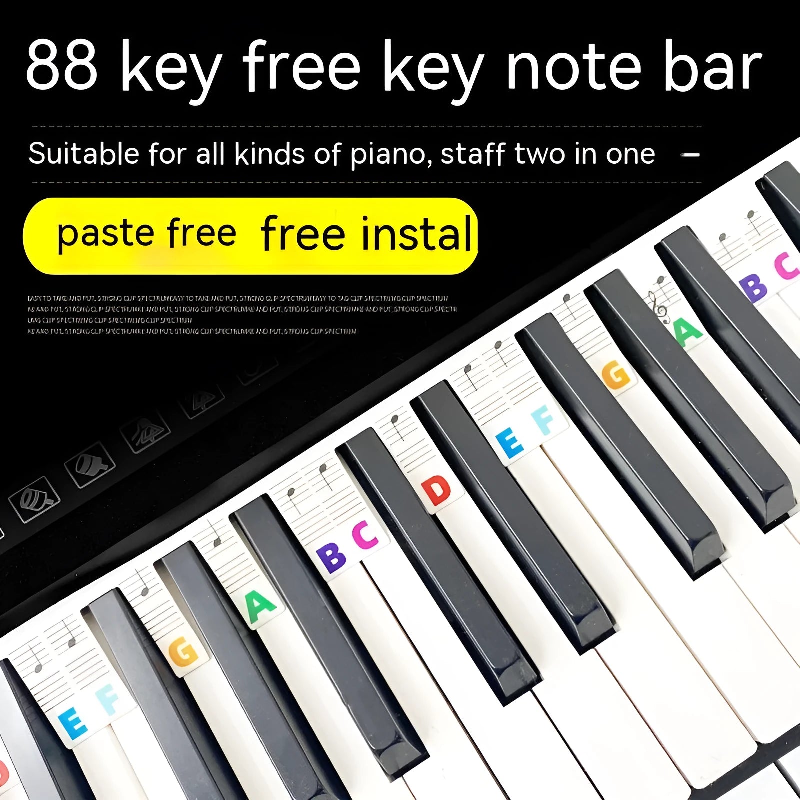 Piano keyboard stickers for 88-key pianos showing white card staff notation with colour bars and black notes