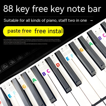 Piano keyboard stickers for 88-key pianos showing white card staff notation with colour bars and black notes