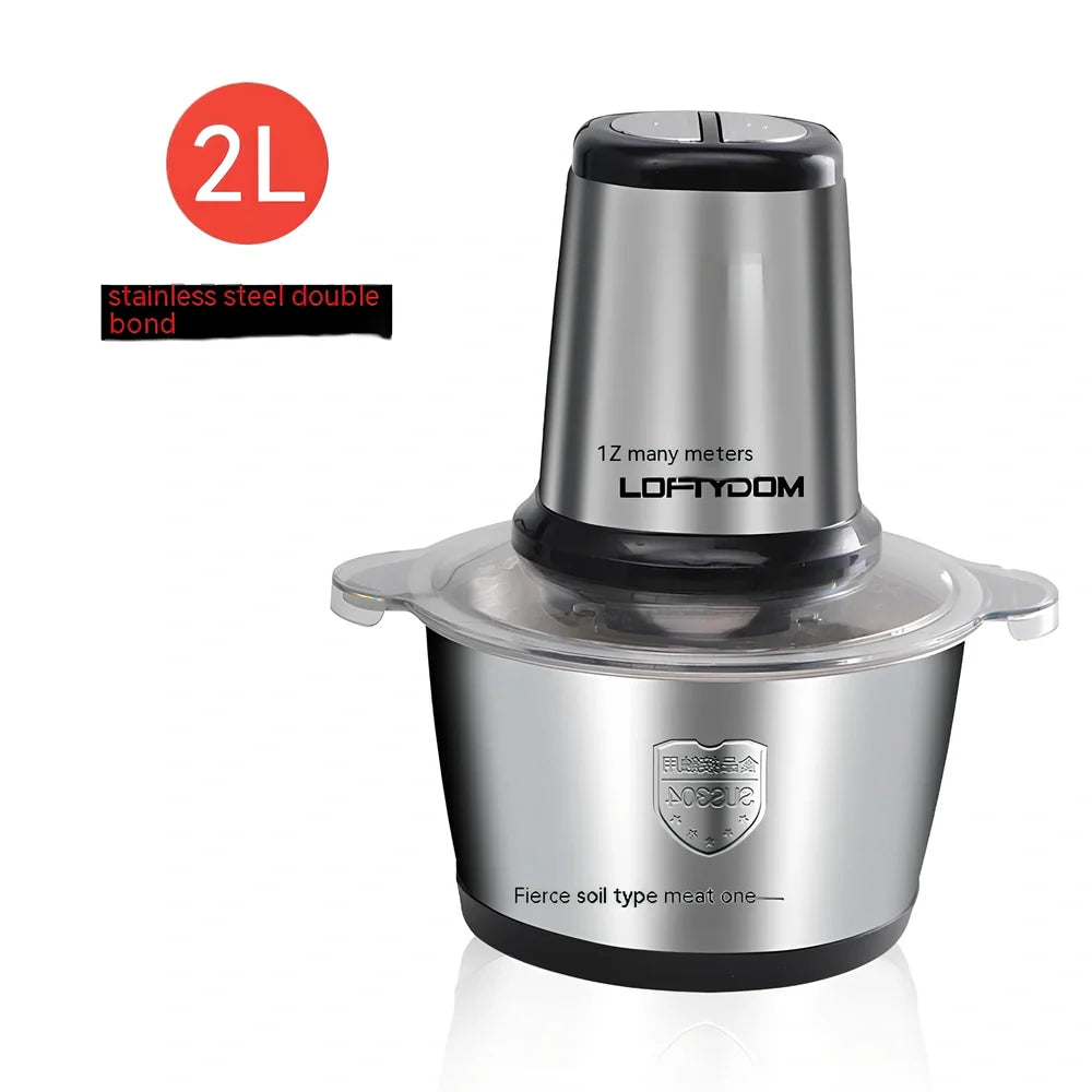 Stainless steel electric meat grinder with 2-litre capacity and 188mm by 265mm dimensions