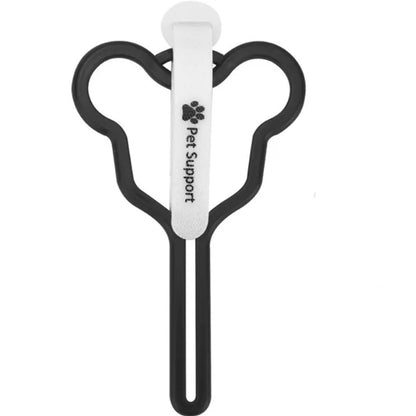 A dog poop bag dispenser with a hands-free clip and adjustable Velcro strap attached to a dog lead.