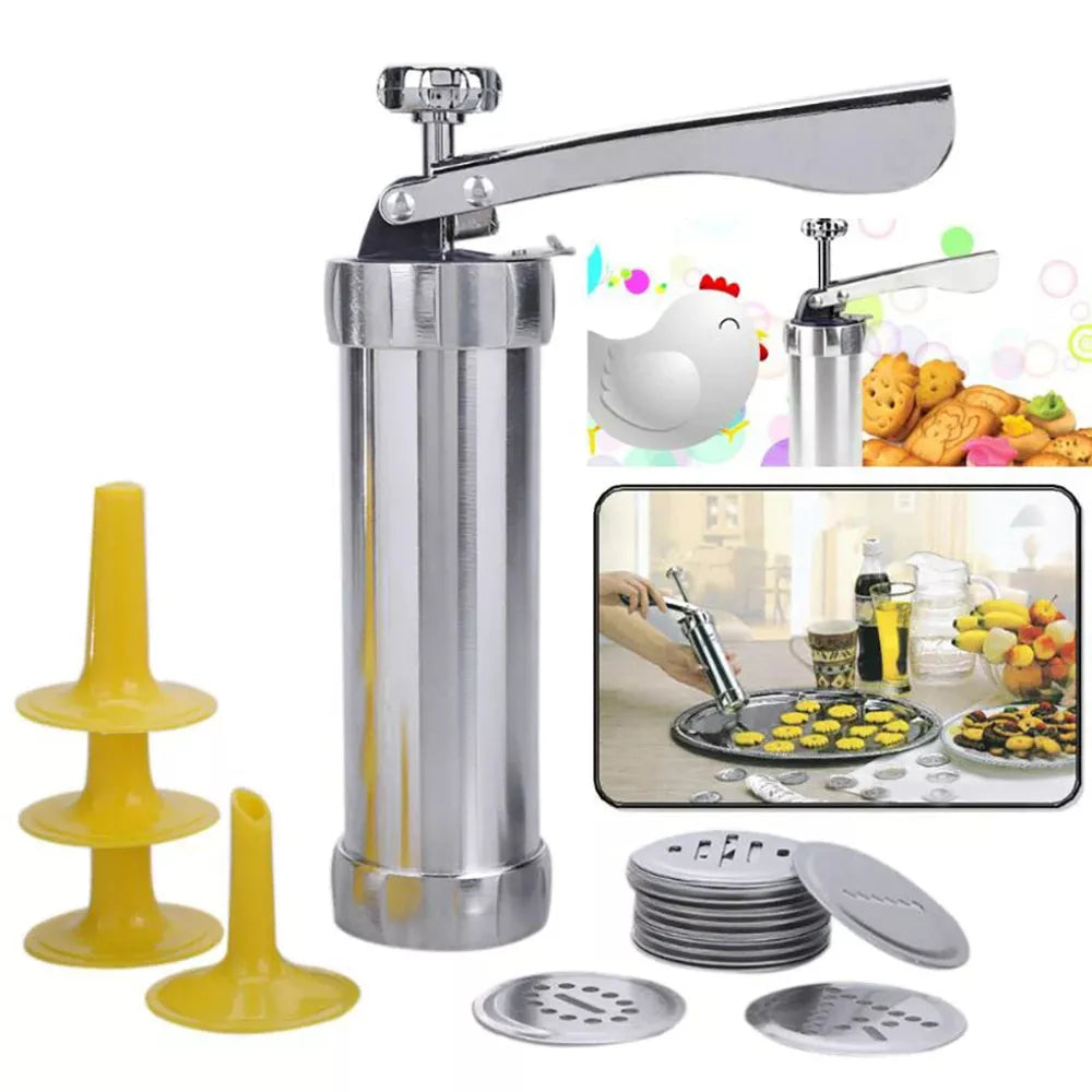 Stainless steel cookie press gun with multiple discs for baking and icing