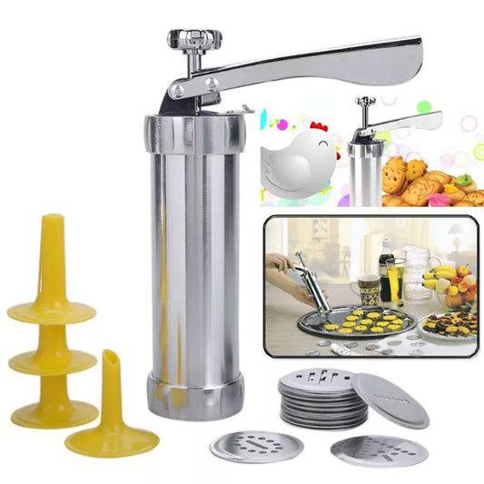 Stainless steel cookie press gun with multiple discs for baking and icing