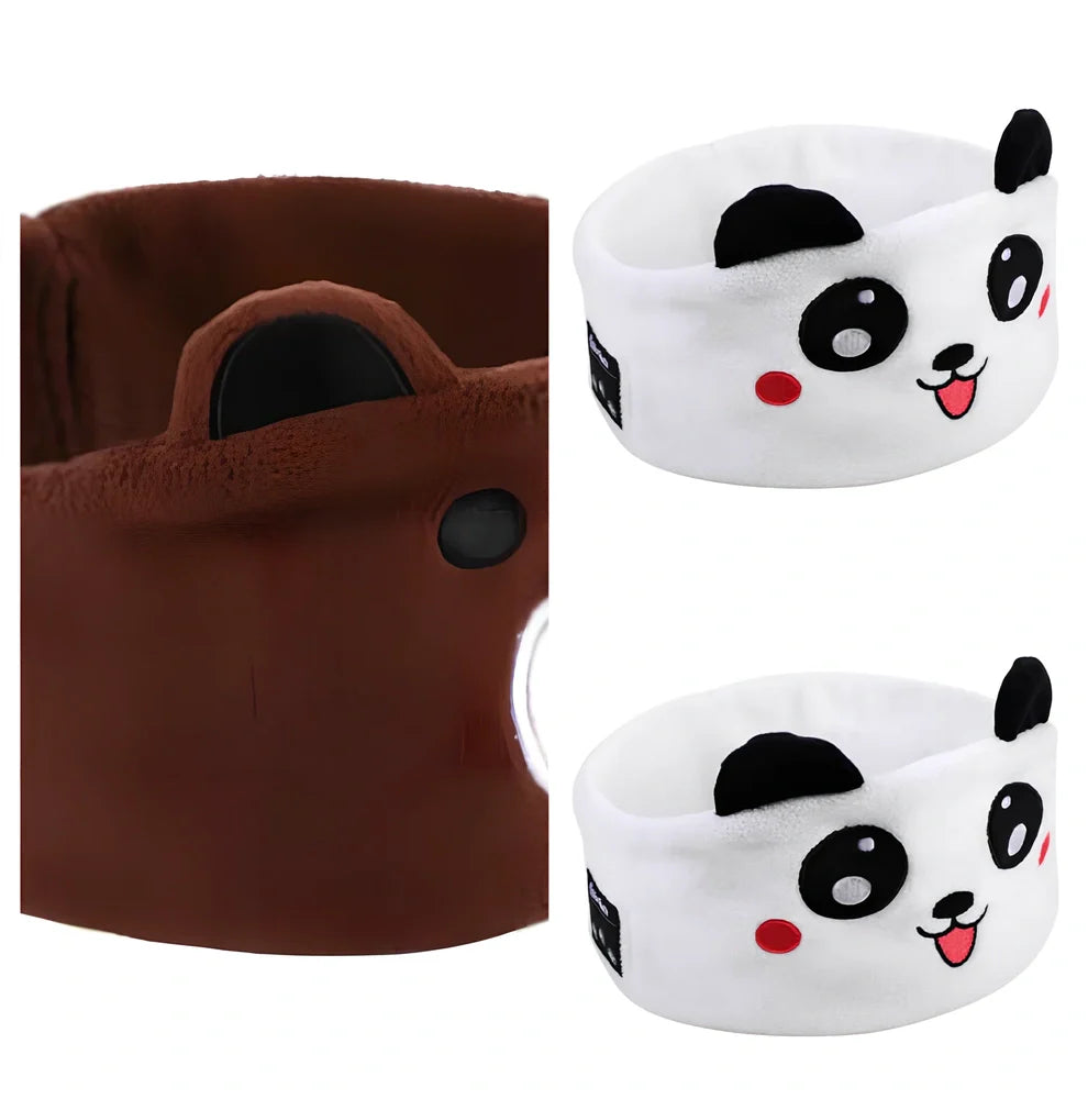 Bluetooth animal headband sleep mask with dinosaur hood showing integrated speakers and wireless design