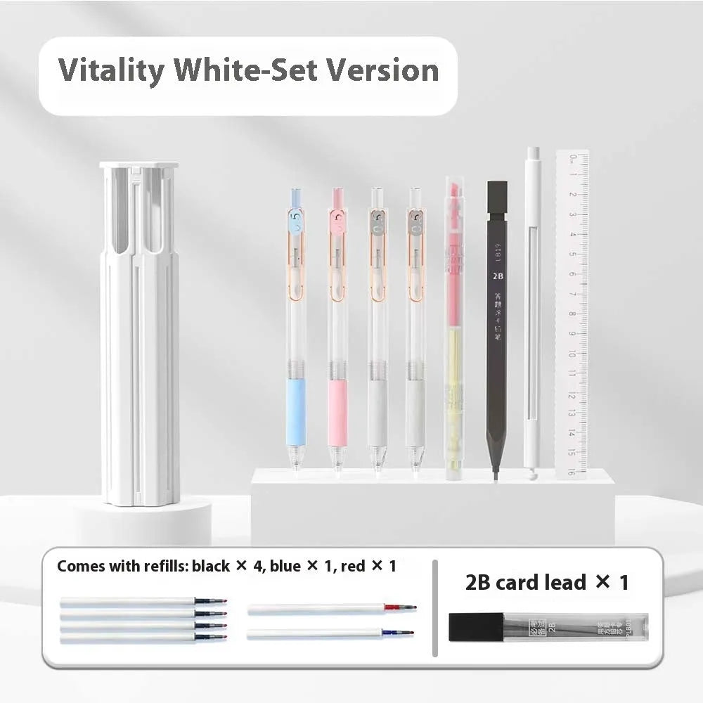 Pressing pen and plastic pencil box organiser set in sky blue, white, or pink colour options.