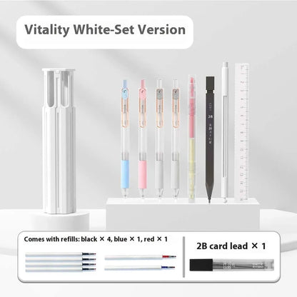 Pressing pen and plastic pencil box organiser set in sky blue, white, or pink colour options.