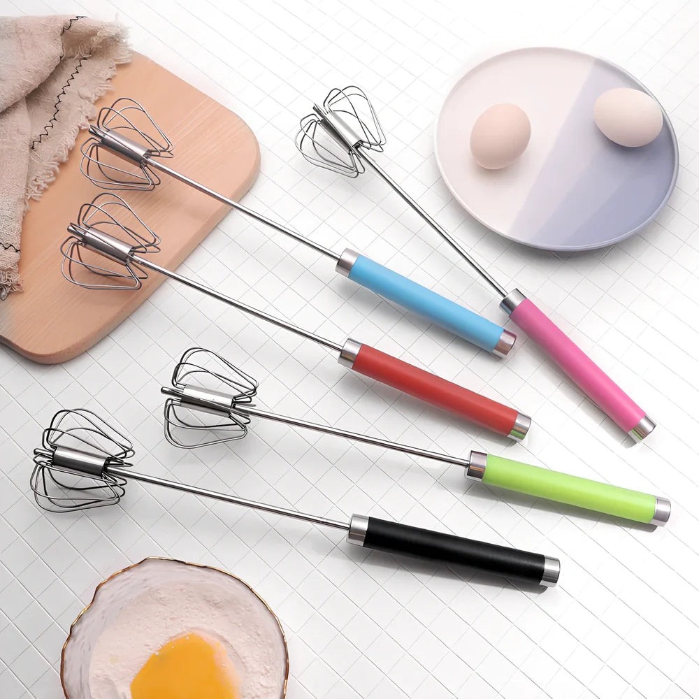 Self-spinning whisk with straight stainless steel design and black handle in multiple colours