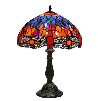 European style stone table lamp with dragonfly motif in blue finish, 30cm height