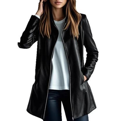 Women's black leather-style jacket with medium 65cm length and long sleeves