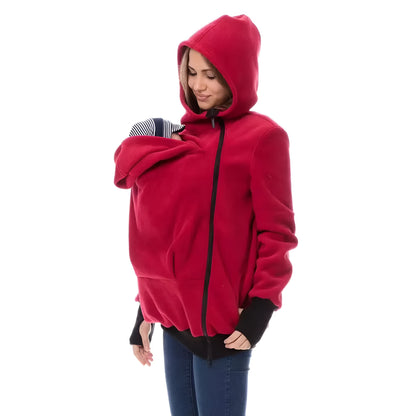 Women's red polar fleece loose fit sweater with long sleeves for autumn winter wear