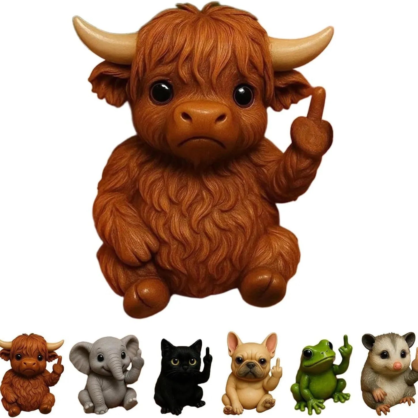 Mini resin animal doll with middle finger gesture, 6-7cm tall, in cat, dog, elephant, frog, Highland cattle, mouse, or turtle design