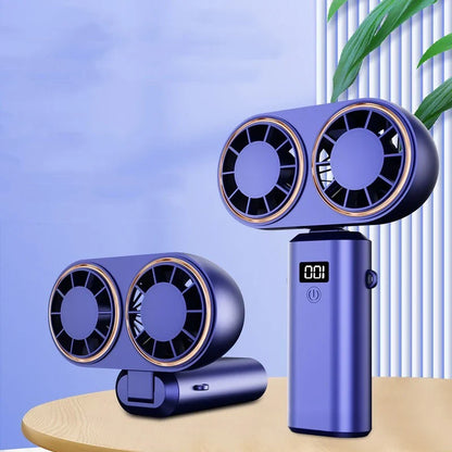 Portable USB rechargeable handheld fan with folding design, dual air outlets, and digital display for monitoring speed and battery life