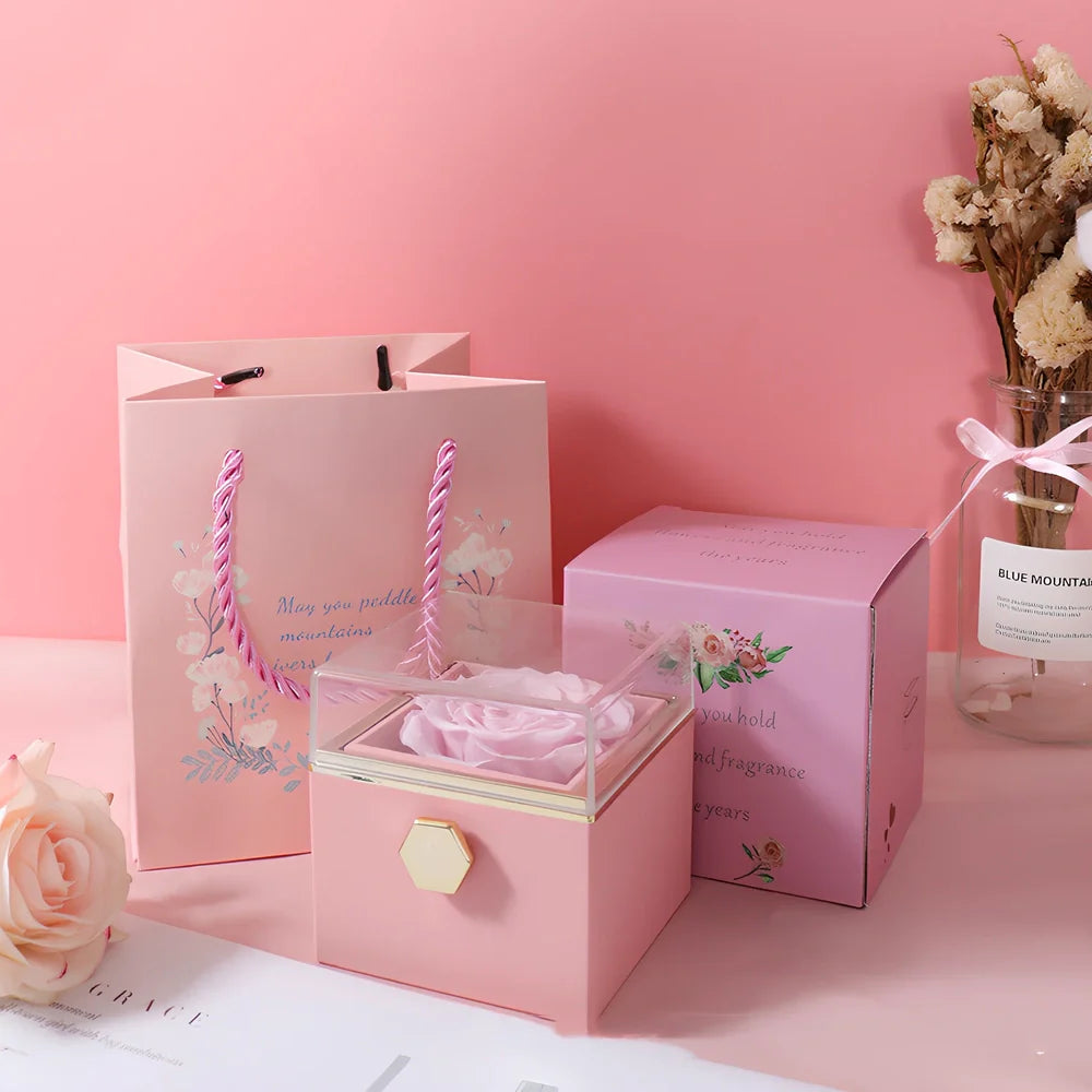 Acrylic rotating rose jewelry box in sapphire blue, 10cm diameter with three-layer storage and carrying bag