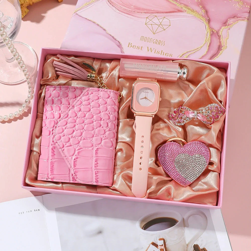 Ladies watch gift set with 35mm dial, matching wallet, vanity mirror, key chain and brooch accessories