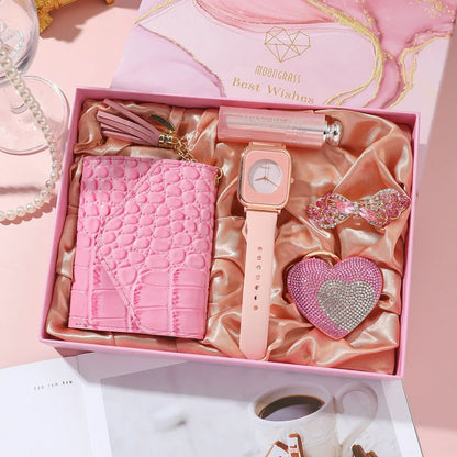 Ladies watch gift set with 35mm dial, matching wallet, vanity mirror, key chain and brooch accessories