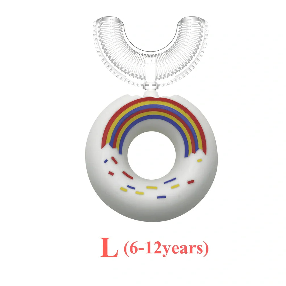 U-shaped children's toothbrush 9.5x4.5cm pink blue white donut colours soft bristles