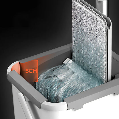 Rotating floor squeeze mop with microfiber head and flat bucket for home cleaning