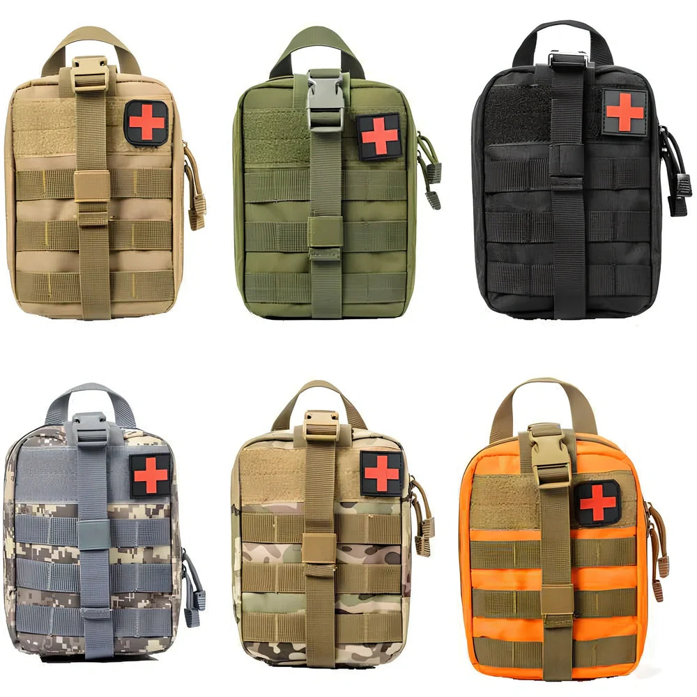 Taupe camouflage tactical bag 20x13x11cm holding Outdoor Travel Survival First Aid Kit with tourniquet, bandages, and blanket for emergency use