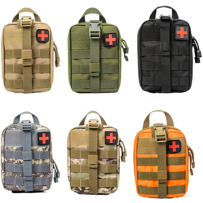 Taupe camouflage tactical bag 20x13x11cm holding Outdoor Travel Survival First Aid Kit with tourniquet, bandages, and blanket for emergency use