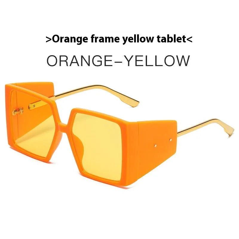 Large square frame sunglasses with UV400 lenses in various colours including black, blue, and green frames.