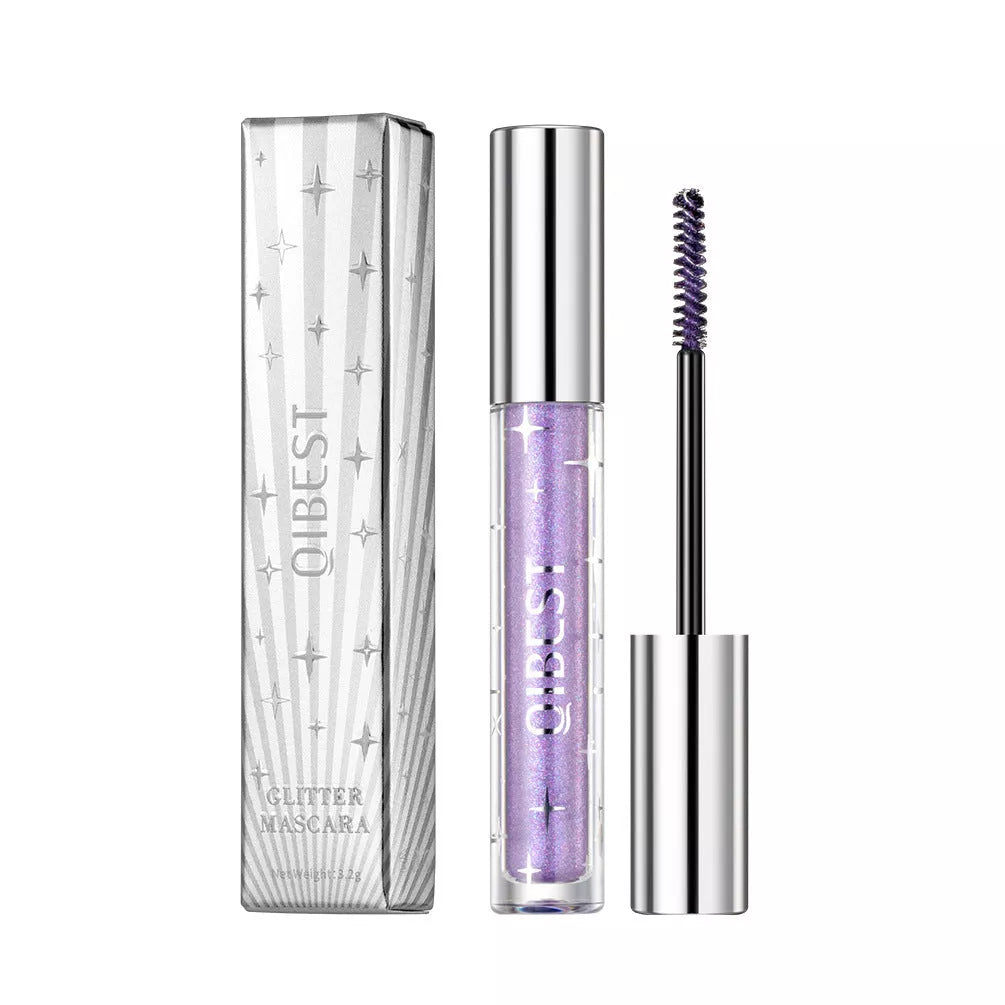 Violet Glitter Lash Mascara in gold, silver, and purple with quick-drying, waterproof formula