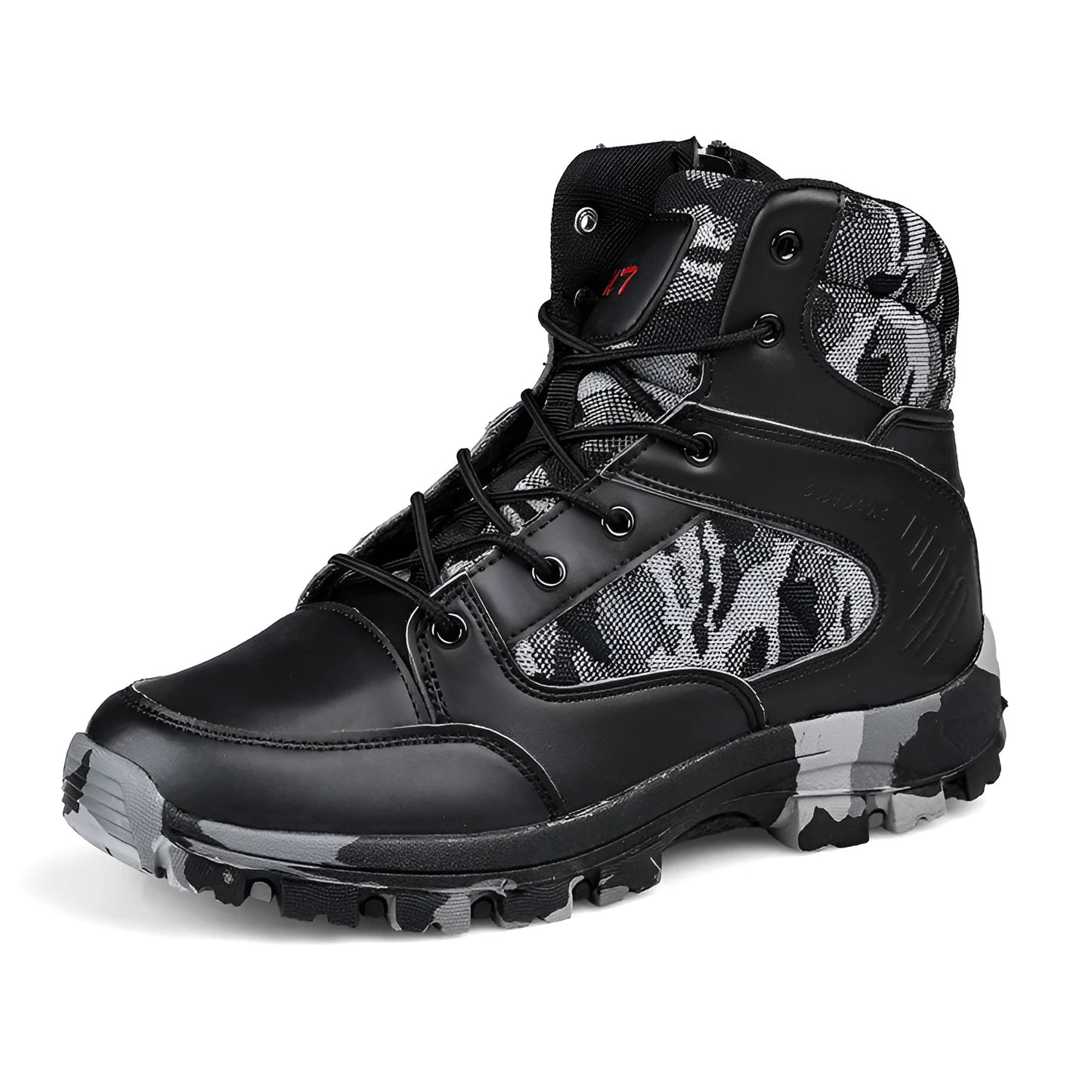 Men's black and camouflage high-top hiking shoes with PU upper and metal eyelets on a rocky outdoor path.