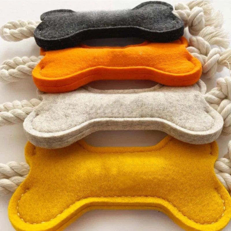 Durable felt bone shaped dog toy with rope knots, in blue colour, for chewing and puzzle play.