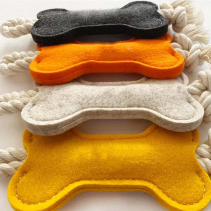 Durable felt bone shaped dog toy with rope knots, in blue colour, for chewing and puzzle play.