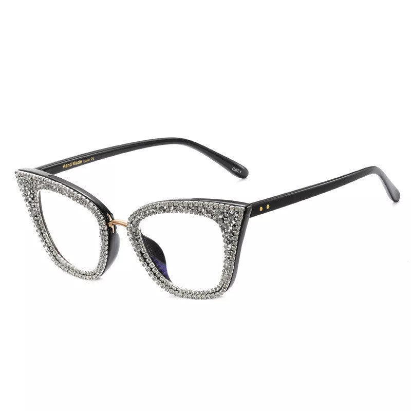 A97093 Cat Eye Anti Blue Light Glasses for Women in Bright Black White Diamond and Colorful Crystals