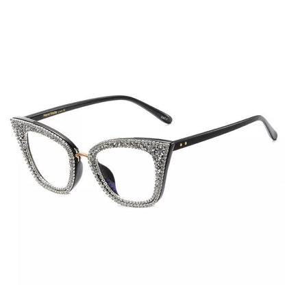 A97093 Cat Eye Anti Blue Light Glasses for Women in Bright Black White Diamond and Colorful Crystals