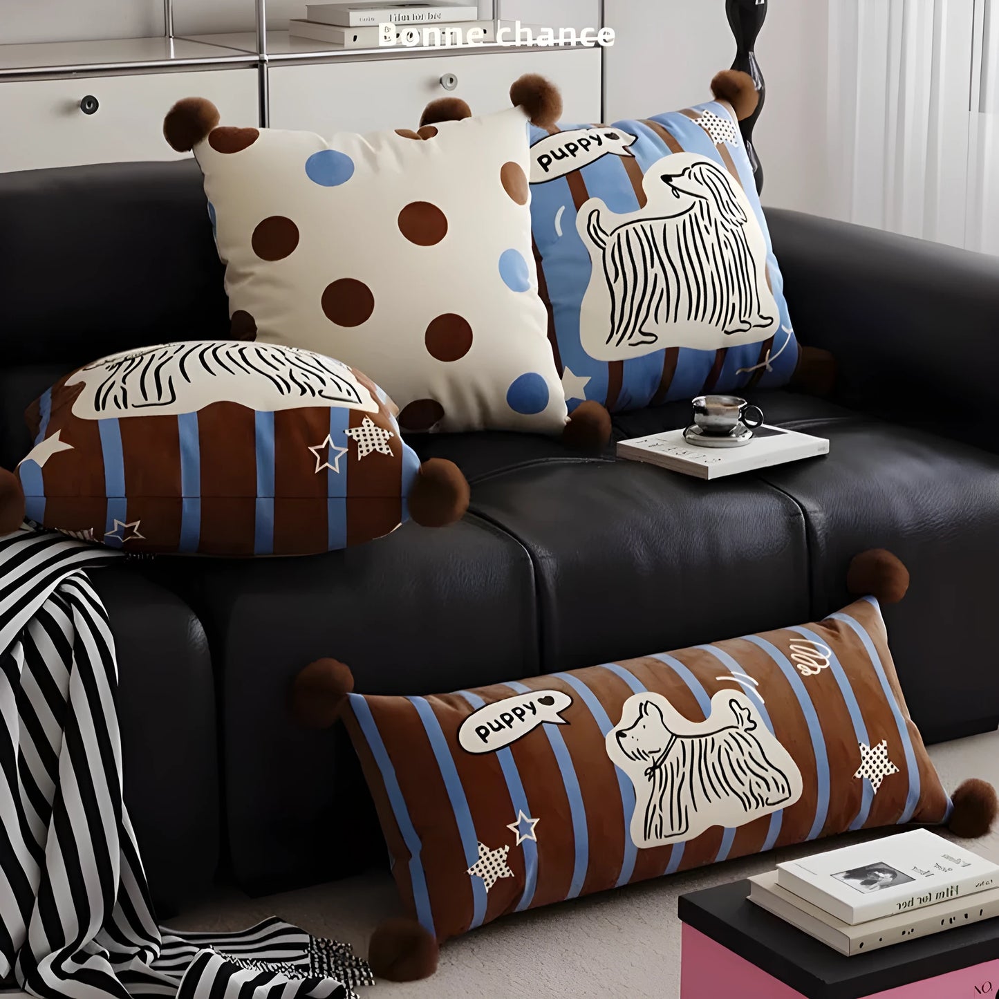 Blue cartoon animal print sofa cushion pillow in 45x45cm size next to brown and white versions.