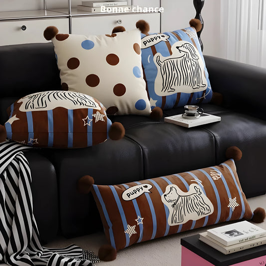 Blue cartoon animal print sofa cushion pillow in 45x45cm size next to brown and white versions.