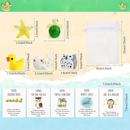Set of resin pun inspirational memo cards laid out, showing different quantities available.