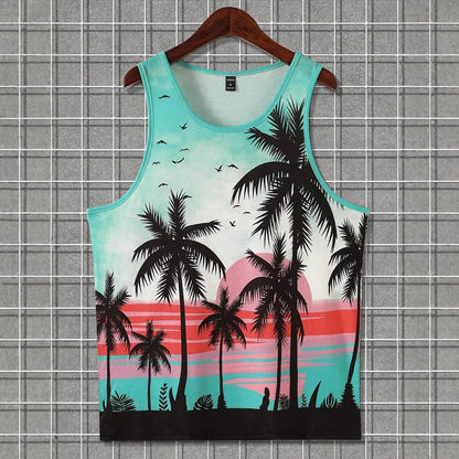 Men's solid colour Hawaiian-style sleeveless vest with 3D printed design in polyester fabric