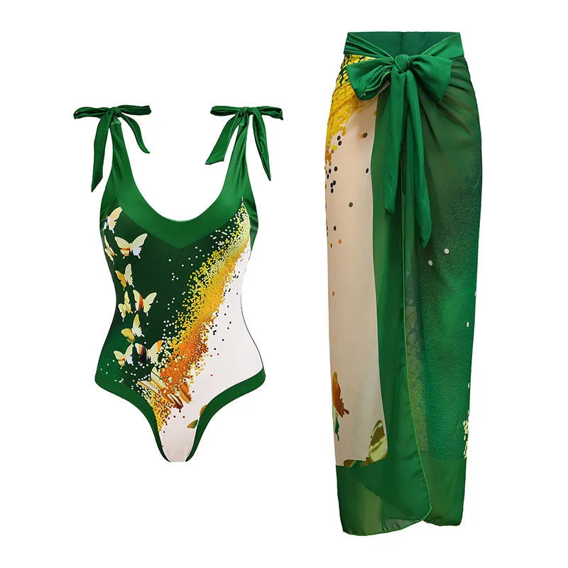 Women's one-piece swimsuit with matching skirt, spaghetti straps design, solid colour polyester fabric, available in sizes S M L XL, ideal for swimming and beach activities.