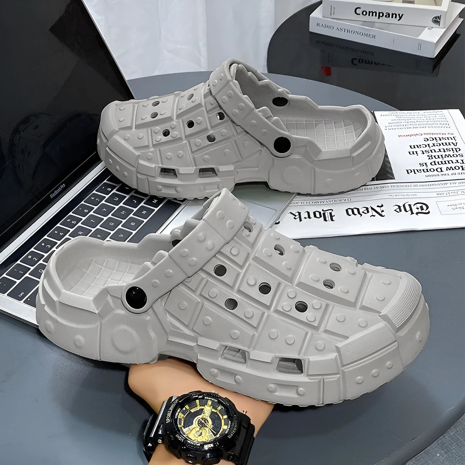 Men's sand-coloured EVA slippers with thick non-slip sole and toe-holder design.