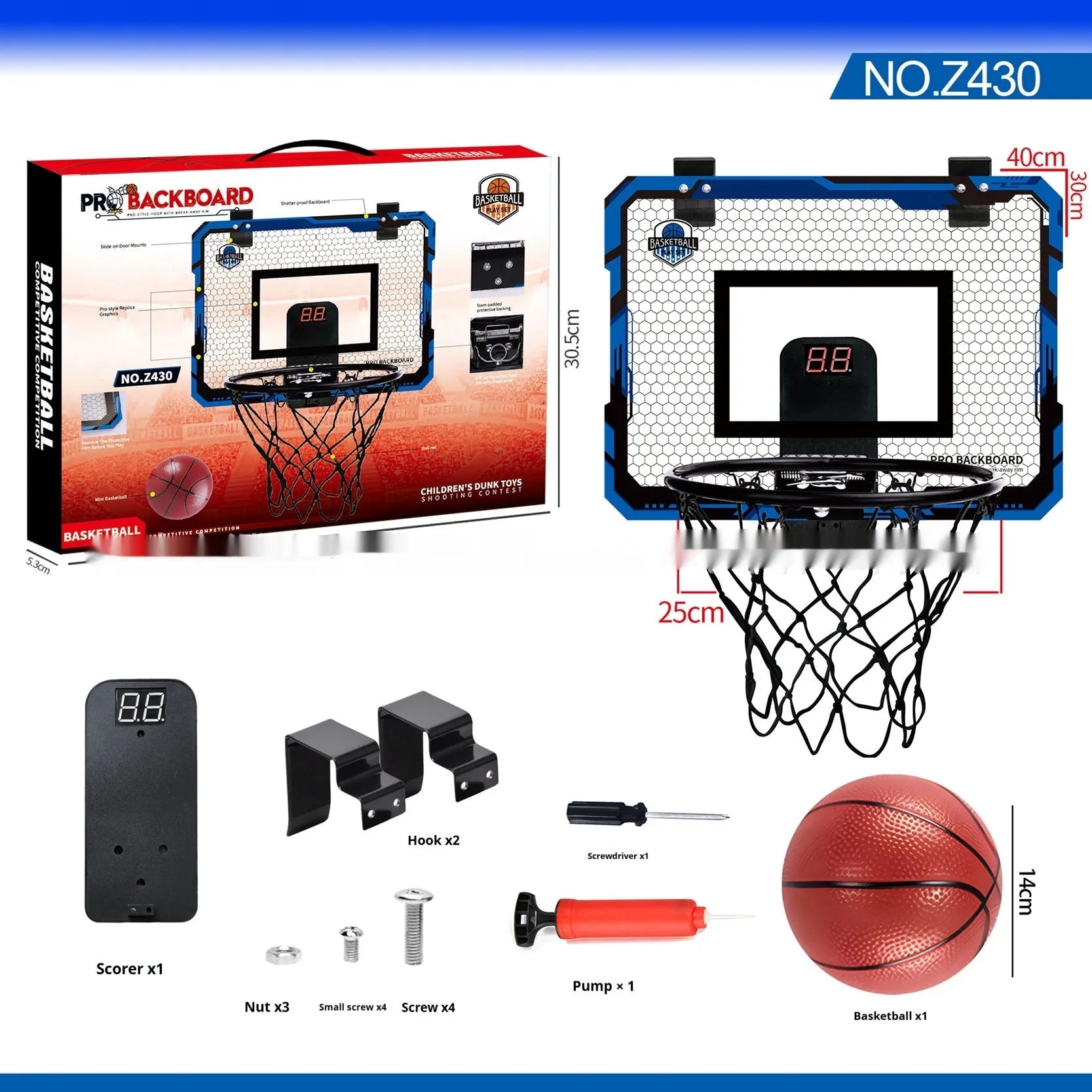 Red folding basketball frame with suction cups mounted on door, showing 400x300mm panel and 16cm ball