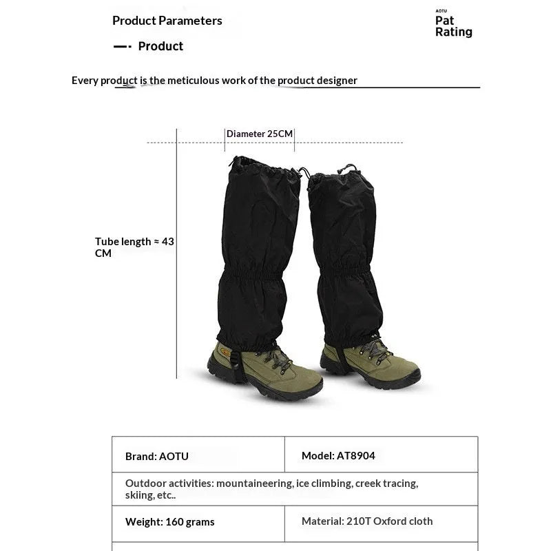 Black unisex gaiters in 210D Oxford fabric for skiing and hiking, one pair with or without LOGO