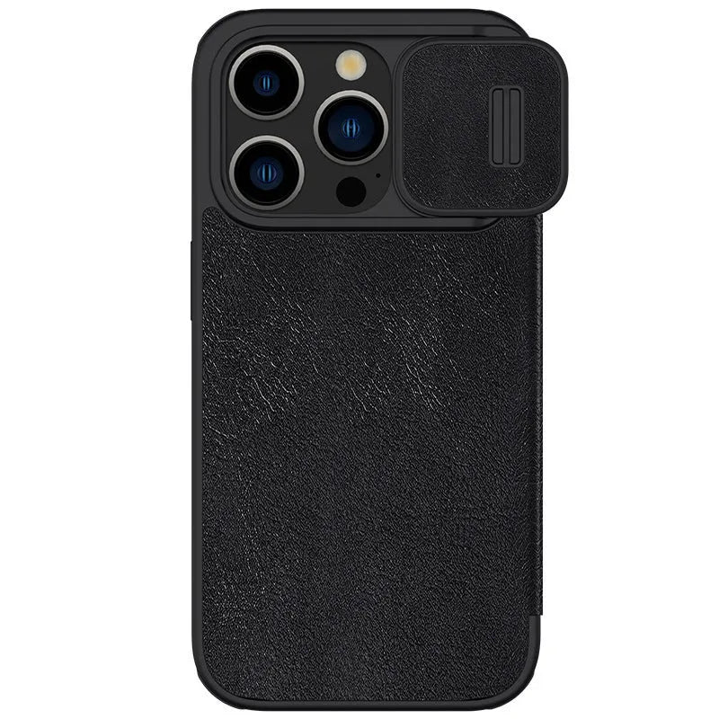 Flip-style imitation leather phone case for iPhone 14 Pro Max in black, brown, and red colour options