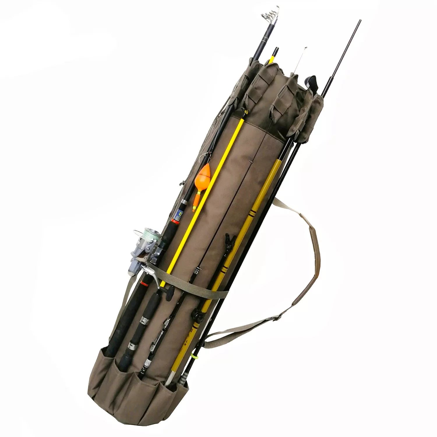 Cylindrical fishing bag for rods and gear in black or army green