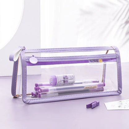 Transparent double-layer pencil case in blue showing organised stationery inside compartments
