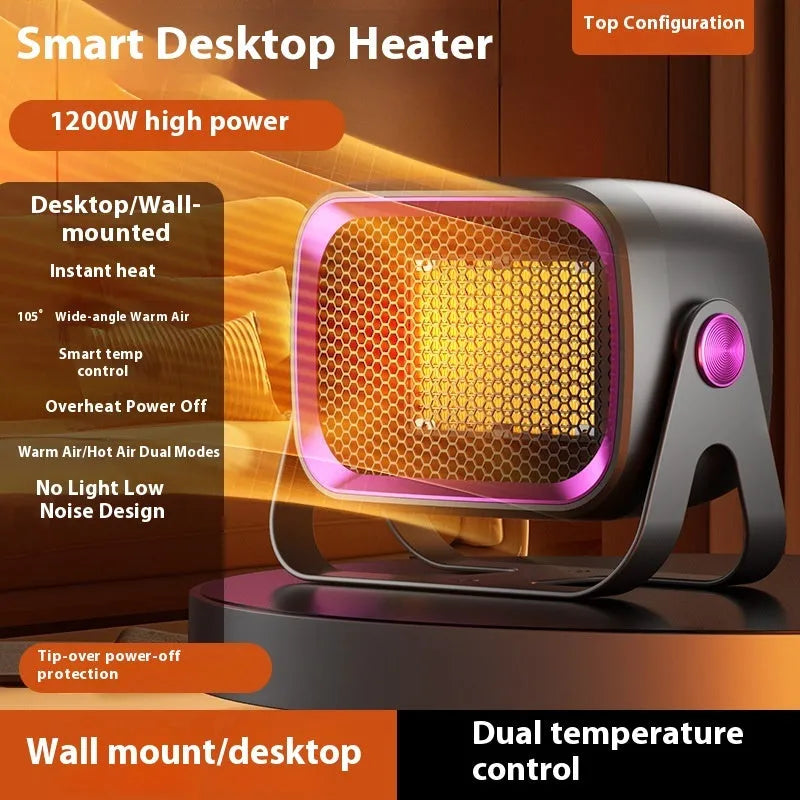 White desktop heater with PTC ceramic heating, two fan speeds, and rotatable body on a wooden desk
