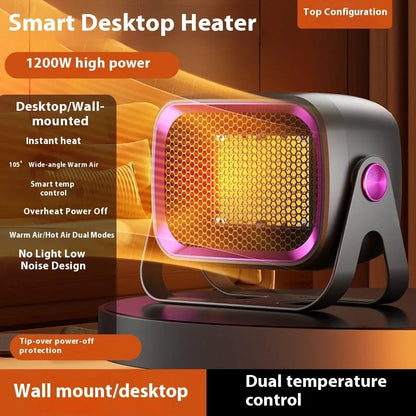 White desktop heater with PTC ceramic heating, two fan speeds, and rotatable body on a wooden desk