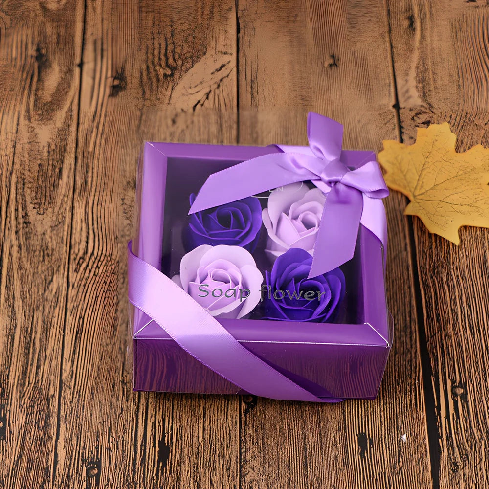 Handmade soap flower gift box in red heart-shaped tin with three blooms and bear, 12x12x5 cm for Valentine's Day